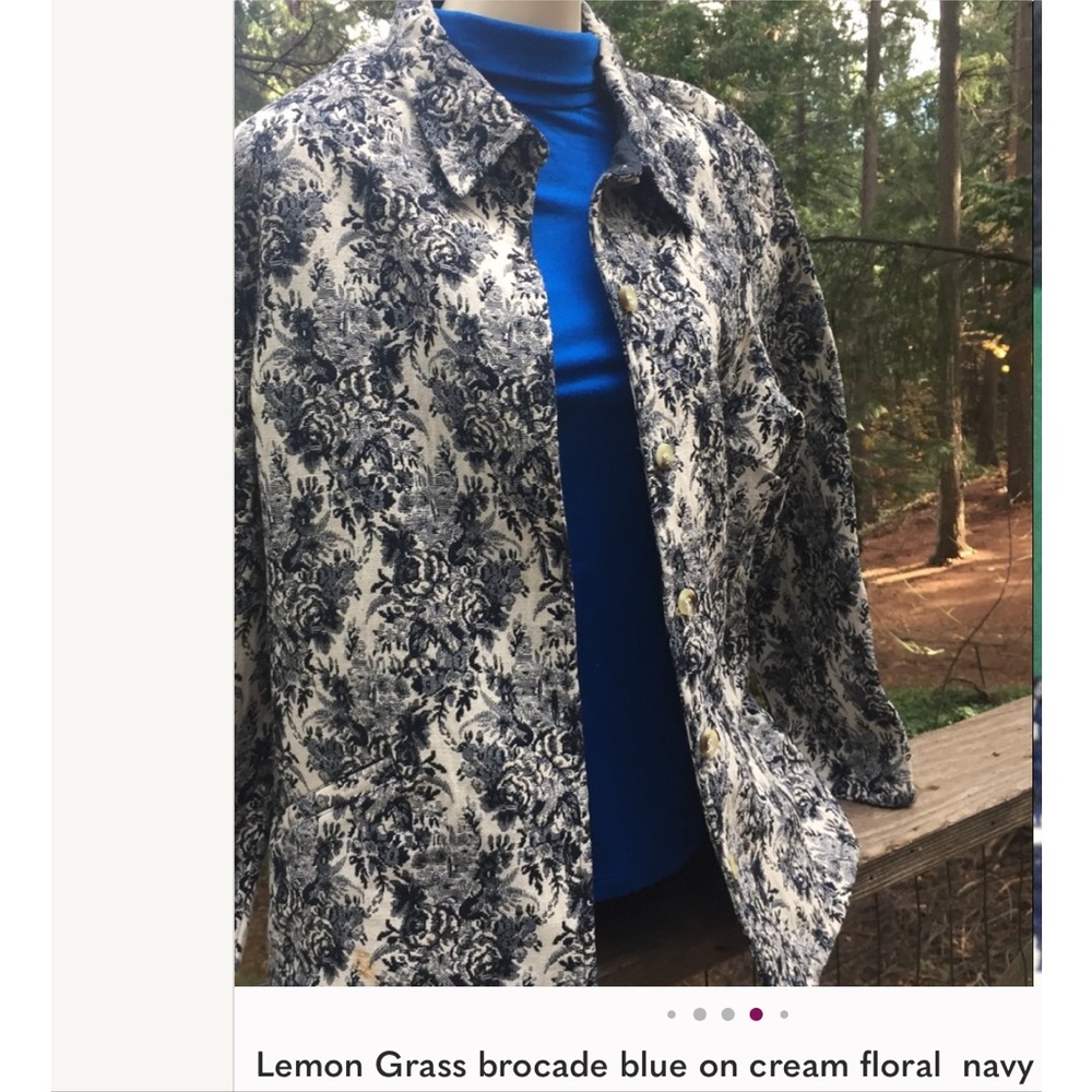 Women's Blue &Cream,Oversized  box cut brocade Blazer Jacket - Picture 6 of 9